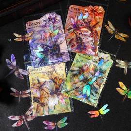 Yoksas 80Pcs Holographic Vintage Dragonfly Stickers - Waterproof Transparent Insect Scrapbook Craft Decorative Stickers for Junk Bullet Journals,Planners,Album