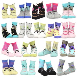 TeeHee Little Girls and Toddler Cute Novelty and Fashion Cotton Crew Socks 18 Pair Gift Box (6-8 Years, Cat-Dog-Pig Face)