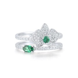 Santuzza 925 Sterling Silver White Lily Ring Green Spinel Cubic Zirconia Flower Enhancer Guard Double Ring for Women (9)