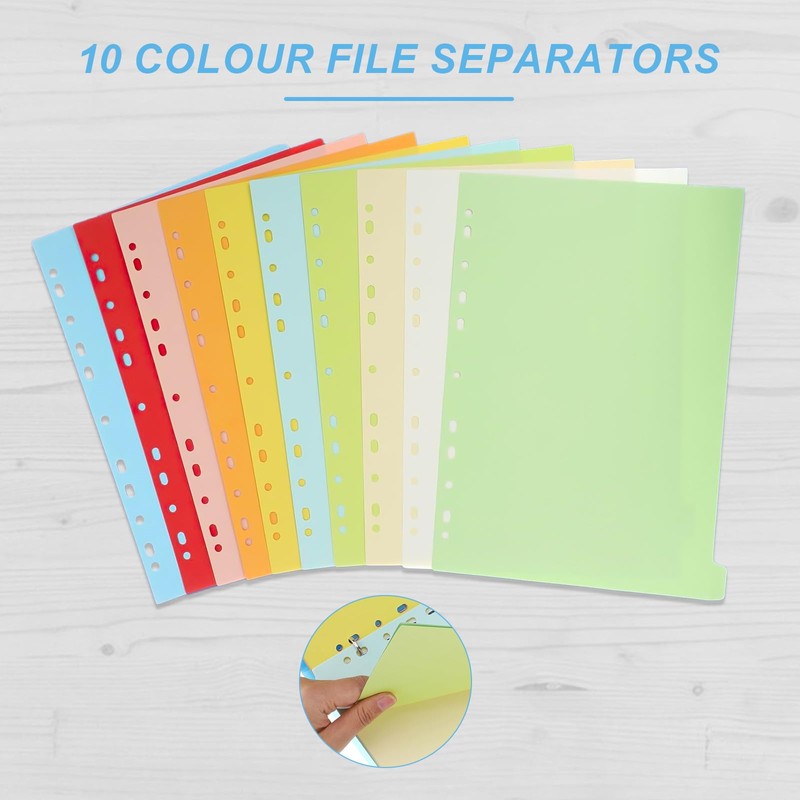10 Part Folder Dividers A4, Coloured Multi Hole Card Folder