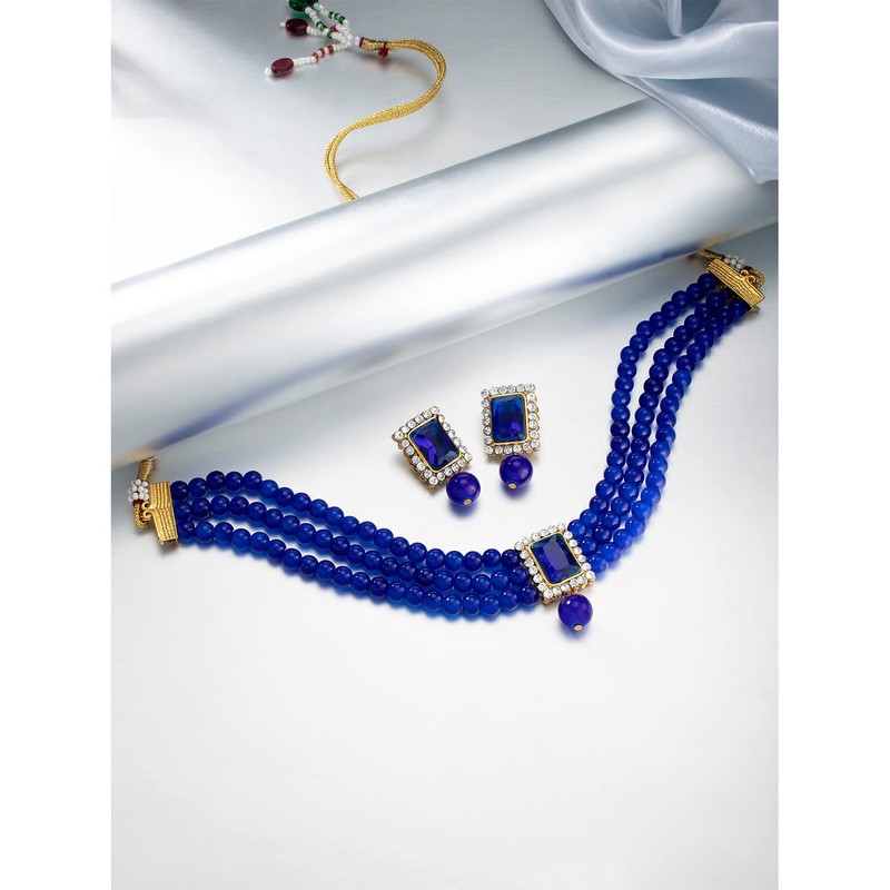 Aheli - Gargantilla con cuentas de cristal tradicional indio azul