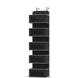 plastific 5 Tier Hanging Wardrobe Storage Shelf Organiser Breathable Closet Pockets Unit Cupboards Shelves Foldable for Clothes Sweaters Shoes Accessories (5 Tier Hanging Storage - Black - D2)