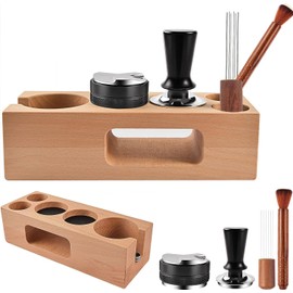 Espresso Accessories Kit 5-PCS Including 54mm Wooden Portafilter Station Organizer | 54MM Coffee Distributor | 54MM Tamper Press | WDT Stirrer Needle | Coffee Mat Brush, Espresso Tools Kit Choice