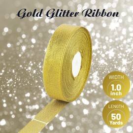 Yellow Gold Glitter Metallic Ribbon 1Inch 50Yards Tulle Ribbon for Gift Floral Wrapping Fabric Ribbons, Crafts, Holiday Wedding Birthday Party Decoration DIY Crafts Bouquet Sparkly Wide Ribbons