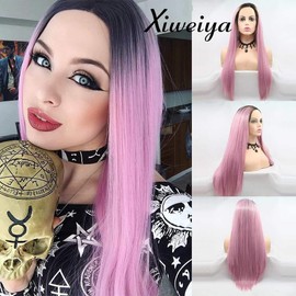 Xiweiya Long Pink Hair Wig Middle Part Synthetic Lace Front Wigs With Dark Root Heat Resistant Fiber Pink Color Long Soft Silky Straight Wig for Women Hair Replacement Wig 24 Inch