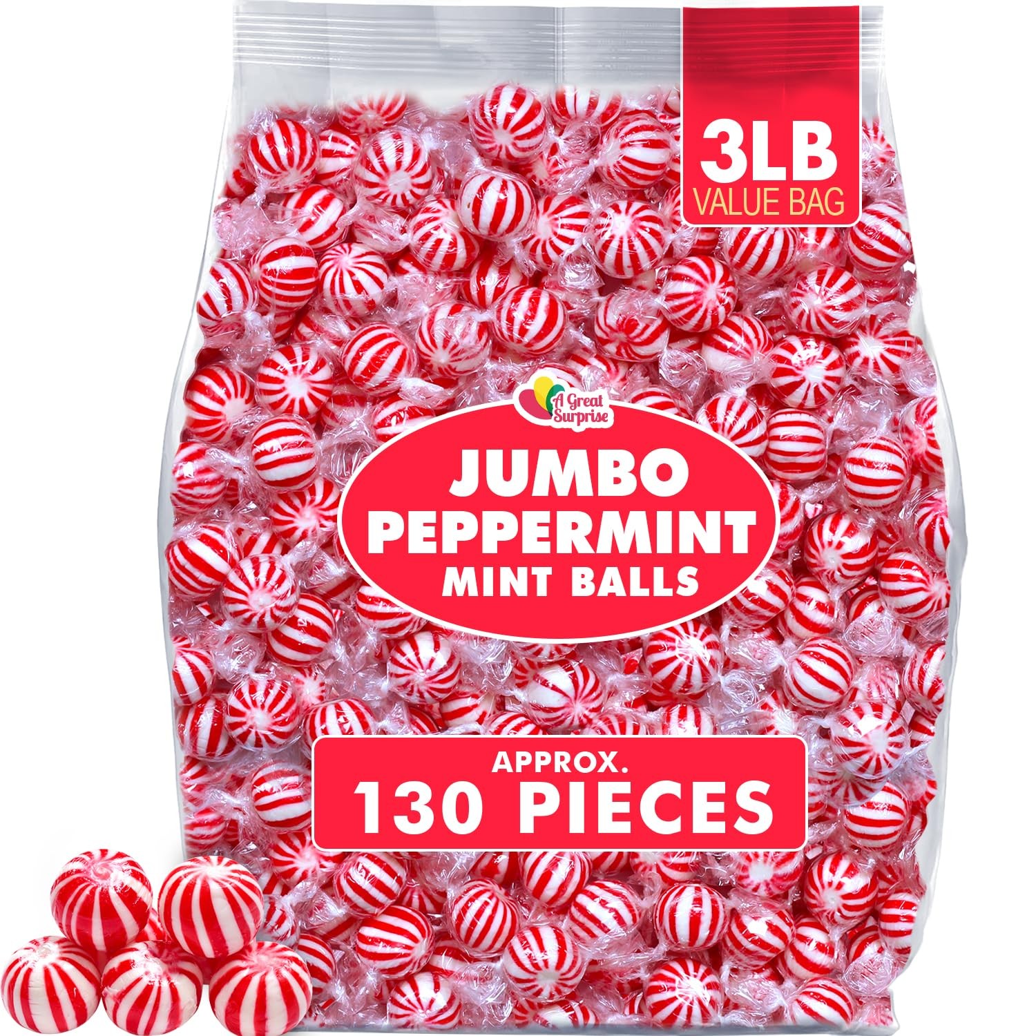 Peppermint Candy Balls Bulk – 3 Pounds - Individually Wrapped Red ...