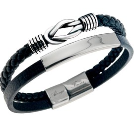 Matty's Charms Men's Knot Bracelet, 2 Strands, Black Leather Braids, Stainless Steel Infinity, Engraved Bar, Always and Forever Clasp (Black, 7.8 Inch)