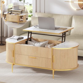 Itaar Modern Luxury Fluted Lift Top Coffee Table, Oval Coffee Table with Storage,Coffee Tables with Sliding Barn Door & Hidden Storage Compartment, Center Table for Living Room, Natural Oak