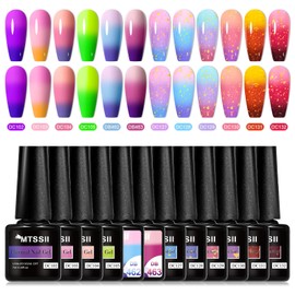 MTSSII Color Changing Gel Nail Polish Set of 12 Temperature Changing Colors Gel Polish Including Red Pink Purple Blue Gold Foil Mood Changing Gel Manicure Kit for Nail Art Home DIY