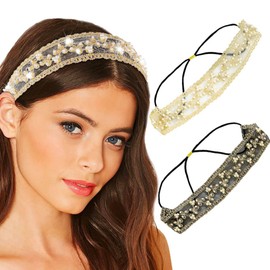 Diademas Elásticas de Encaje para Mujer, con Cuentas Y Adornos, 2 Unidades
