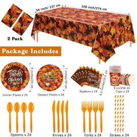 Ruisita 194 Pieces Fall Party Dinnerware Set Thanksgiving Maple Leaves Dinnerware Set Include Paper Plates Cups Cutlery Napkins Tablecloth for Fall Autumn Harvest Party Supplies,Serves 24 Guests