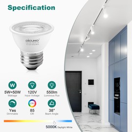 DiCUNO PAR16 LED Bulb Dimmable, 5W Short Neck Spotlight Bulb, 550Lumen, 38° Beam Angle, Daylight White 5000K, 50W Equivalent, E26 LED Bulb for Recessed Light, Curio Cabinet Pack of 6