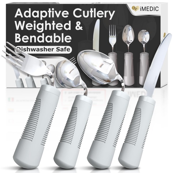iMedic Weighted Bendable Cutlery for Disabled Hands (The Knife Does Not Bend) - Disabled Cutlery for Adults Suffering from Parkinson's and Tremors - 1 Set Grey