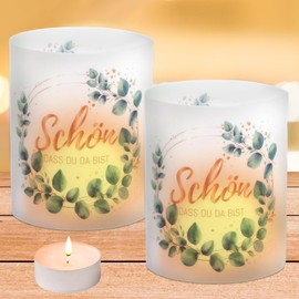 Pack of 12 Tea Lights Table Decoration, Schön dass du da bist, Tea Light Holders, Communion Eucalyptus Green, Lantern Table Decoration, Light Cover for Wedding, Birthday, Confirmation, Christening Tea