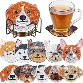 10 irregularly shaped cute dog pattern artificial diamond painting art set coasters, DIY crystal diamond painting wooden table art coasters with stand, suitable for adult office coffee MATS, family coasters, handicrafts, supplies and gifts