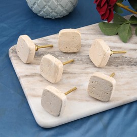 Perilla Home Set of 6 Marble Knobs for Cabinet & Drawers Decorative Travertine Square Knobs for Home Kitchen Cabinet Hardware Cupboard Glass Door Dresser Wardrobe Pulls (Beige)