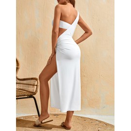 Verdusa Women's 3 Piece Elegant Swimwear Bikini Set Asymmetrical Swimsuit with One Shoulder Cover Up White Small