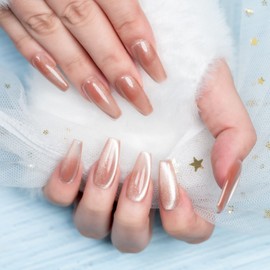 Sun&Beam Nails Handmade Press-On Medium Long Coffin Ballerina with Flesh Color Cat Eye Design Charm Cute False Nail Tips 10 Pcs (#86 L)