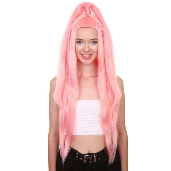 HPO Adult Women's 30" In. Pop Dance Electronic Artist Inspired Wig - Long Length Pink Updo Pony Tail Hair - Capless-Cap Synthetic Fibers