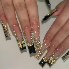 Jremg Black French Press on Nails Long Square Fake Nails with Gold Rhinestone Designs Luxury Gold Bow Charms Coffin False Nails Glossy Leopard Print French Tip Acrylic Nails for Women Girls 24Pcs