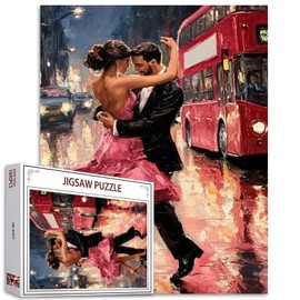 Romantic Dancing Couple 1000 Piece Jigsaw Puzzles for Adults Man and Woman Painting Jigsaw Puzzle Cityscape,Bus 1000 Pieces Puzzles Game Home Wall Decor DIY Craft Valentines Puzzle Art(Colorful)