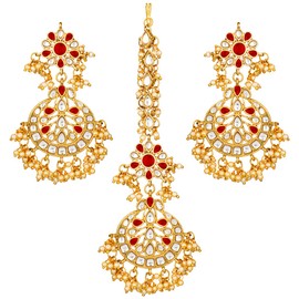 Aheli Exquisite Design Maroon Colored Faux Kundan Chandbali Earrings Maang Tikka Set Ethnic Indian Jewelry Gift for Women