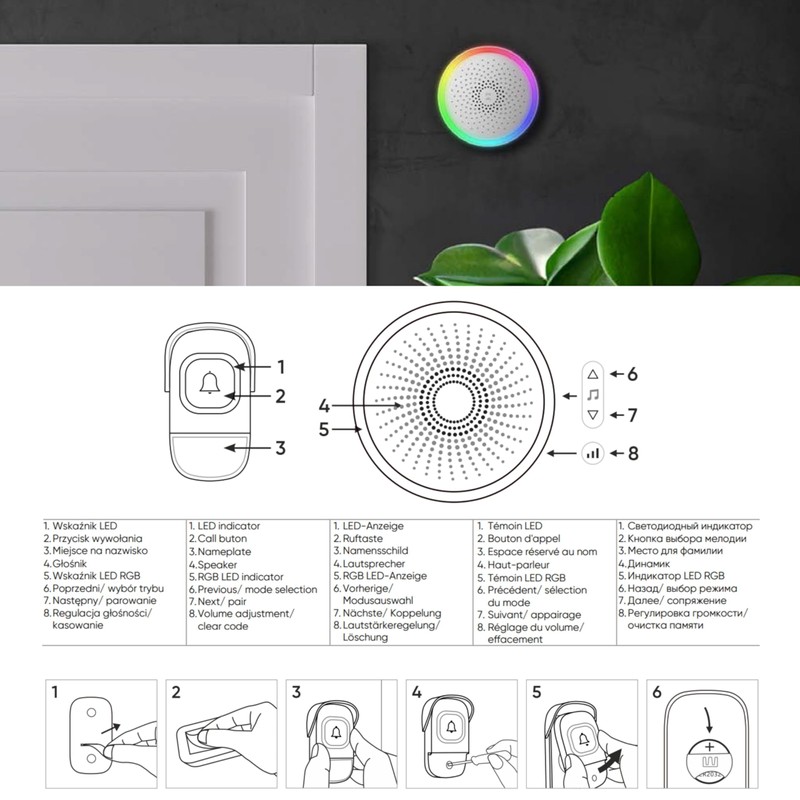 RGB LED Wireless Doorbell IP55 230 V, 300 m, 60