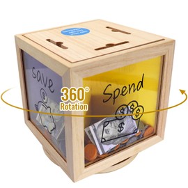 Mczxon Rotatable Give Save Spend Money Saving Box for Kids, Wooden Money Coin Saving Piggy Bank Jar Box for Kid Safe Money Saver Teach Children About Giving Saving Giving Money Piggy Box for Boy Girl