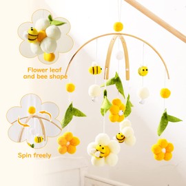 Youuys Mobile Baby Wooden with Felt Balls, Bees and Flowers, Baby Mobile Wind Chime, Bed Bell Pendant for Baby Bed, Nursery Decoration, Gift for Baby Girls or Boys