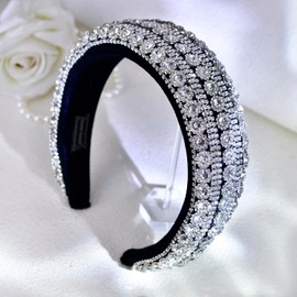 HNYYX Silver Padded Headband for Women, Shiny Rhinestone Hairband, Party Full Crystal Hair Accessories, Suitable for Holiday Gifts Daily Head Band