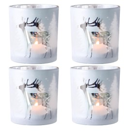 SHMILMH Christmas Votive Candle Holders Set of 4, Silver Glass Tealight Candle Holders for Xmas Table Centerpiece Decorations, Christmas Candle Jar for Making Candles Gift