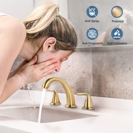 Bathroom Sink Faucet 3 Holes Gold, ALEASHA Widespread Bathroom Faucets, Faucet with Pop Up Drain, Faucets with 304 Stainless Steel Lead-Free Hose