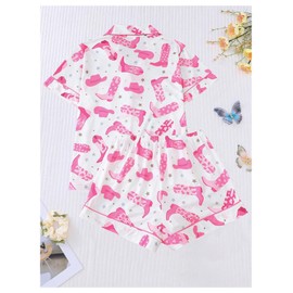 WDIRARA Women's 2 Piece Boots Graphic Pajama Set Pocket Patched Button Down Shirt with Shorts Satin Sleepwear Pink White Medium