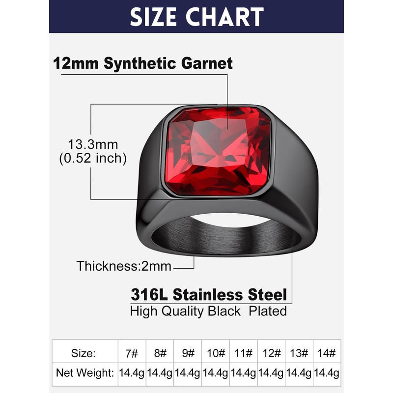 Bandmax Black Stainless Steel Ruby Ring Red Gemstone Ring Red