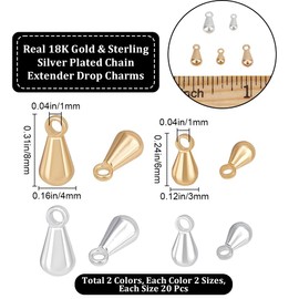 Beebeecraft 1 Box 80Pcs 4 Styles Teardrop Charms 18K Gold Plated Dangle End Beads Extender Chain Drop 925 Sterling Silver Water Charms Terminators for Jewelry Making Earring Findings Necklace Craft