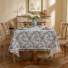 Rectangle Vintage Cotton Linen Tablecloth with Stitching Tassels Washable Fabric Table Cover for Dining Kitchen Tea Party, 60 x 120 Inches, Blue Rose Floral