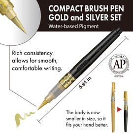 KURETAKE Brush Pen Gold & Silver Set - Small Size, Medium Tip, Compact Body, Ideal for Calligraphy, Illustrations, Brush Lettering, Made in Japan, DGS160/2V