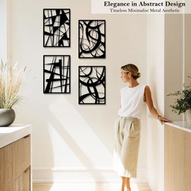TENTENRI Black Metal Abstract Wall Art 4 Pack Minimalist Décor Line Art Wall Décor for Living Room Bedroom Office Decor