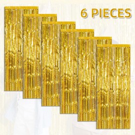 Paquete de 6 cortinas de telón de fondo con flecos de lámina dorada de 3.3 x 8 pies, cortinas de telón de fondo para decoración de fiesta, decoración de fiesta, baby shower, boda, cumpleaños, decoraciones de Navidad