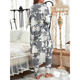 Bunanphy Women Comfy Pajamas Ladies Pyjamas Set Loungewear Cami Top Long Pants and Long Sleeve Robe Pjs Set Soft Nightwear Sleepwear #A Grey X-Large