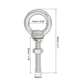 sourcing map M5 3/16"x1.18" Stainless Steel Eye Bolts Threaded Screw Eyebolt Shoulder Ring with Nuts Washers for Lifting Hanging, 2 Set