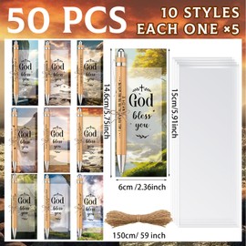 Qeeenar 50 Sets Christian Bamboo Pens Bulk Wooden Scripture Bible Verse Pens Religious Gifts Prayer Board Supplies Church Party Favors Bible Journaling Kit for Women Sunday School Supplies Group