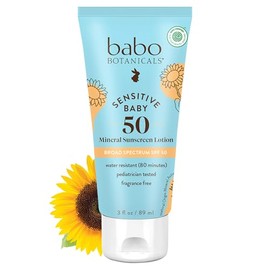 Babo Botanicals Sensitive Baby Mineral Sunscreen Lotion SPF50 - Óxido de zinc natural - Cara y cuerpo - Sin fragancia - Resistente al agua - Verificad