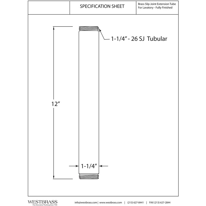 Westbrass A419-62 1-1/4" OD x 12" Double End Threaded Lavatory
