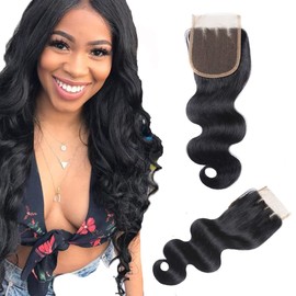 Brazilian Human Hair Lace Closure Body Wave 4x4 3 Piece Lace Closure 100% Human Hair Lace Closure Natural Black Color (20 inch, 4 x 4 inch, Three Pieces)