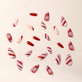 Uñas postizas navideñas de almendra mediana, 24 piezas, diseño de copos de nieve, rayas rojas y blancas brillantes, uñas postizas de acrílico artificiales de invierno para Navidad, uñas postizas con