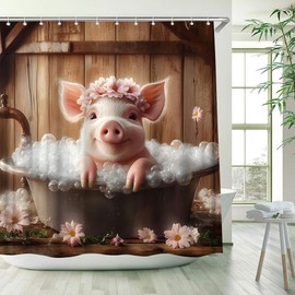 WUASDCS Farmhouse Pig Shower Curtain Cute Pink Pig with Floral Wreath in Bathtub Bubble Cottage Barn Farm Funny Animal Bathroom Decor Polyester Fabric Curtains with Hook 70Wx70H Inches