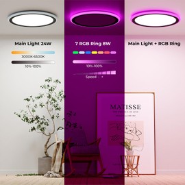 BLNAN RGB Led Flush Mount Ceiling Light with Remote Control, 13Inch 24W 2400LM 3000K-6500K Dimmable Color Changing Wired Light Fixture, Colorful for Bedroom Kids Room Party Festival, Black