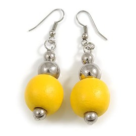 Yellow Painted Wood and Silver Acrylic Bead Drop Earrings - 55mm L