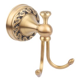 Lumclaw Antique Brass Towel Hook, Wall Mounted Bathroom Copper Double Hook for Clothing Robe Hanger, Screws Install Shower Wall Hook